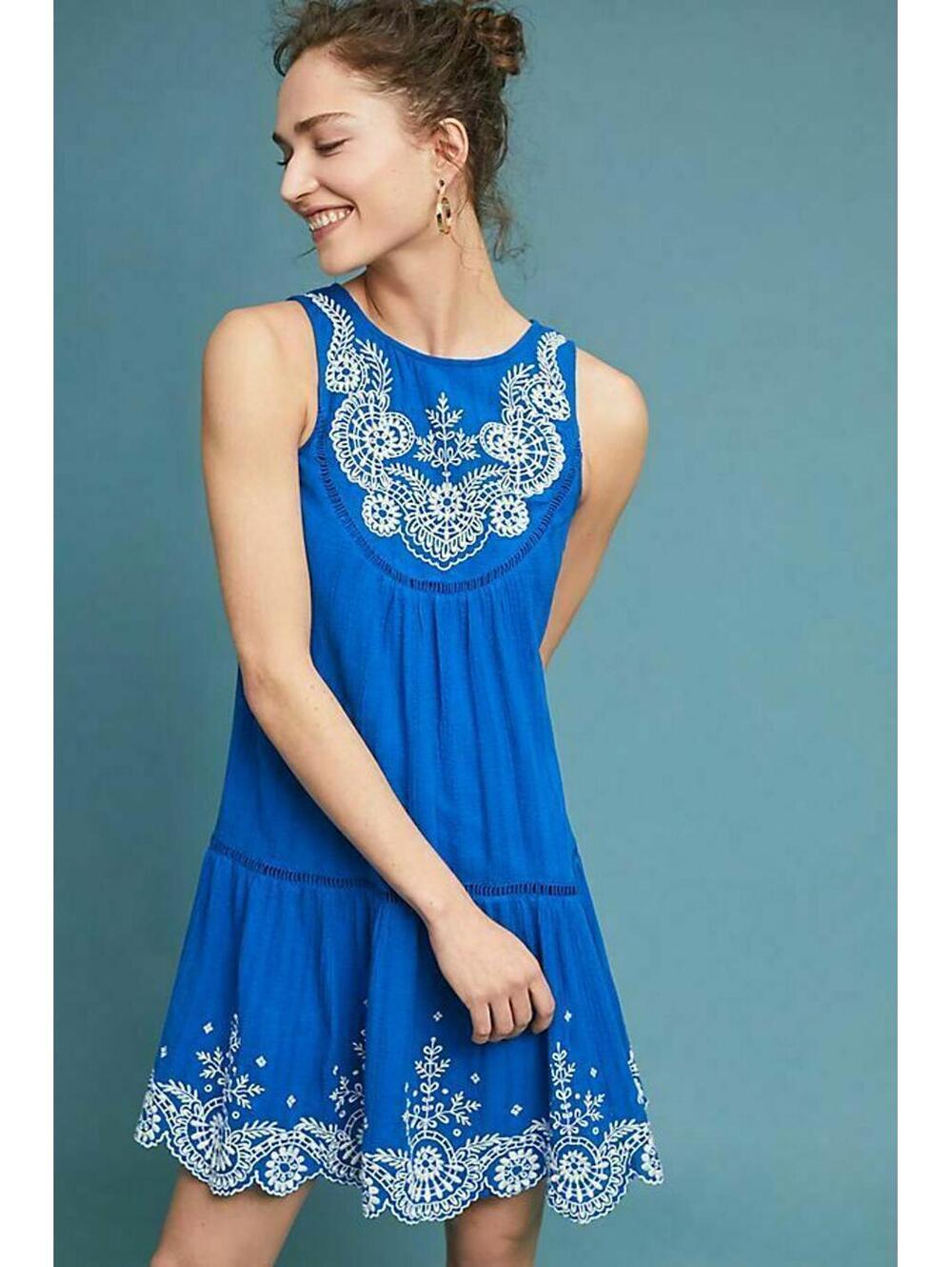 Meadow Rue by Anthropologie Blue with White Boho Sleeveless Midi Dress Size 12